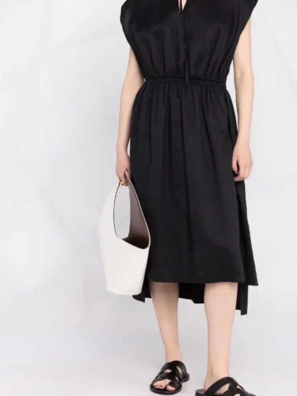 NWT JOSEPH Ramie Gathered Midi Dress Black FR 38 US 6 Tie Neck Luxury Minimalist